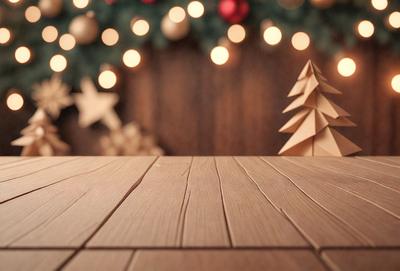 The primary subject of the image is a wooden table with a Christmas tree on top of it. The table is brown, and the tree is made of paper. The setting is a Christmas-themed environment, with the table being the main focus of the scene. The visual style is a combination of a photo and a drawing, creating a festive and warm atmosphere.